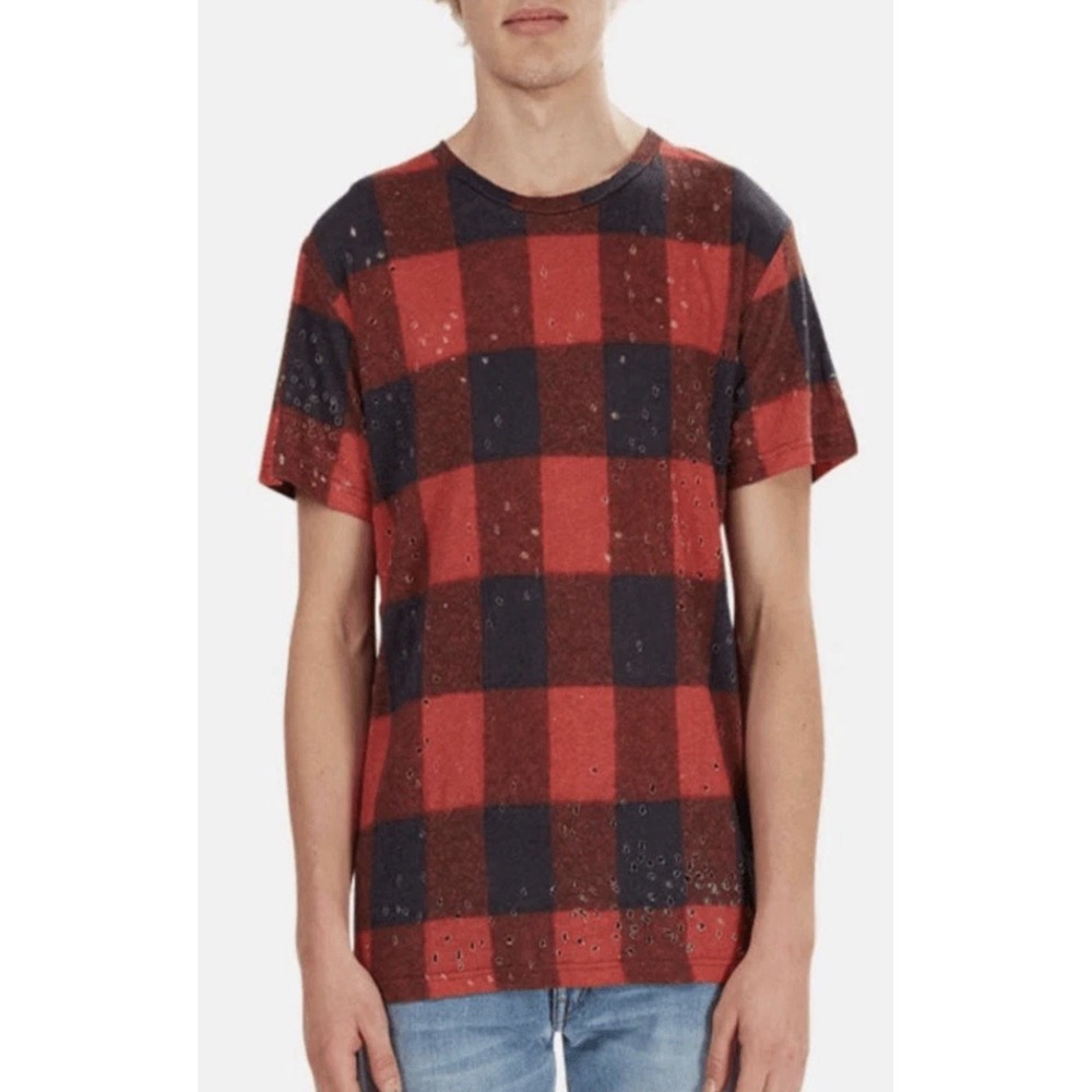 IRO ALESSIO TEE in BUFFALO CHECK Red Black Medium 100%‎ Linen Distressed #AAA5-4
